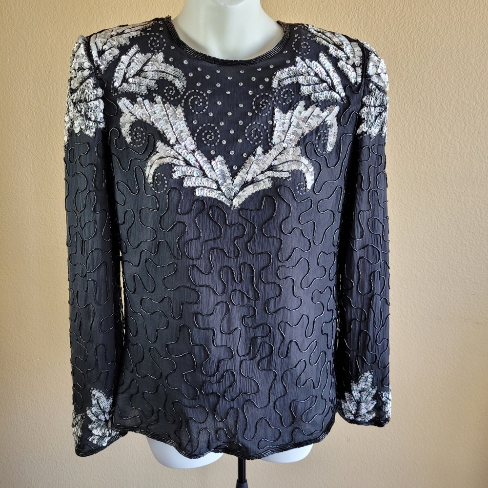 Vintage 80's Laurence Kazar New York Silk Embellished Cocktail Glam Blouse Sz PP